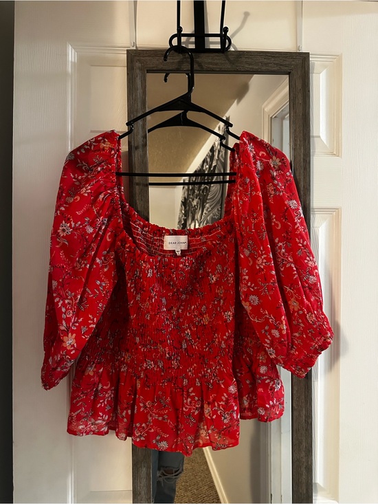 Dear John Tops - Dear John Bright Red Floral Smocked Peasant Blouse